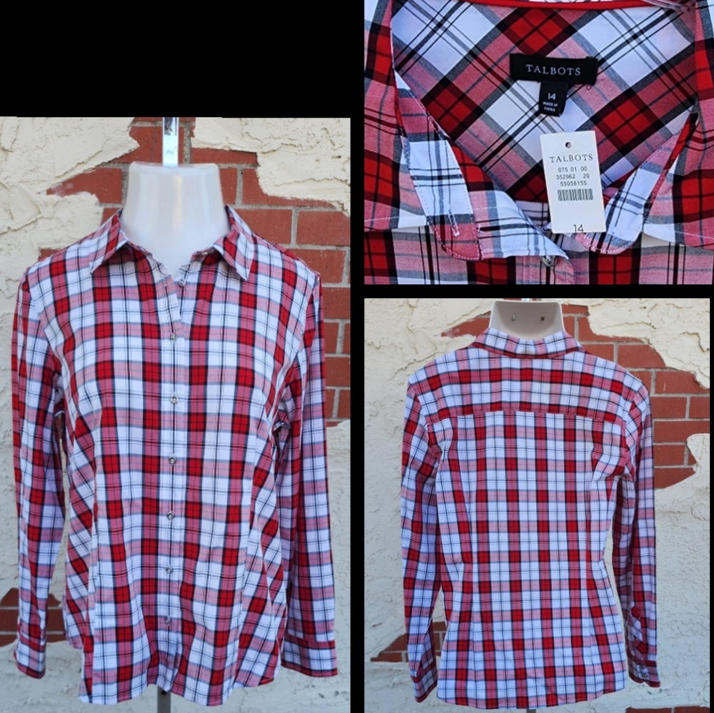 $89.50 New Women TALBOTS red plaid cottton button shirt long sleeve